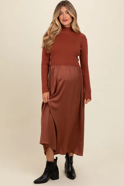 PinkBlush Brown Knit Contrast Top Satin Maternity Midi Dress
