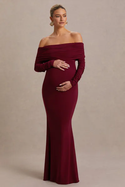 Club L London Odessa | Berry Bardot-Neck Maternity Maxi Dress