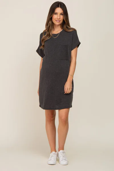 PinkBlush Charcoal Ribbed Front Pocket Dolman Short Sleeve Maternity Dress