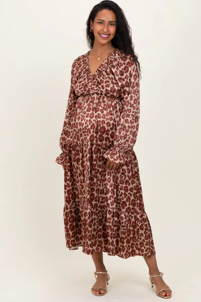 PinkBlush Taupe/Rust Satin Leopard Tiered Side Pocket Maternity Maxi Dress