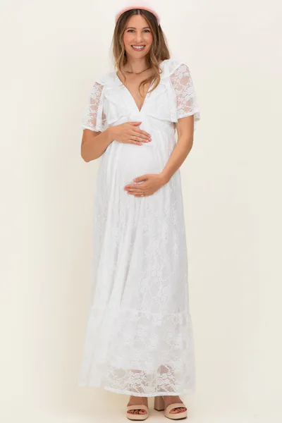 PinkBlush Ivory Lace Flutter Sleeve Tiered Maternity Maxi Dress