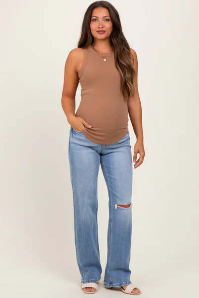 PinkBlush Light Blue Distressed Knee Slim Fit Wide Leg Maternity Jeans