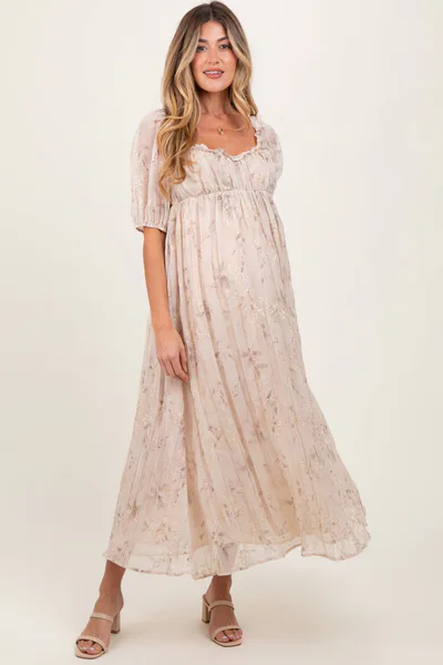 PinkBlush Cream Floral Chiffon Embroidered Ruffle Trim Maternity Maxi Dress
