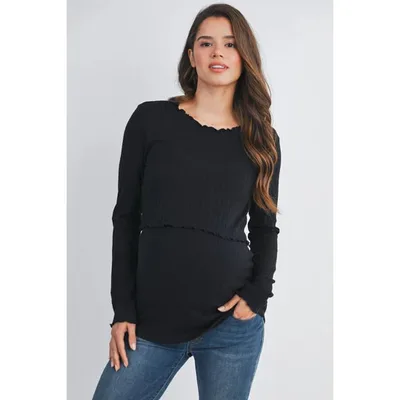 Target Hello Miz Womens Ribbed Long Sleeve Double Layer Maternity Nursing Top - Black - Medium