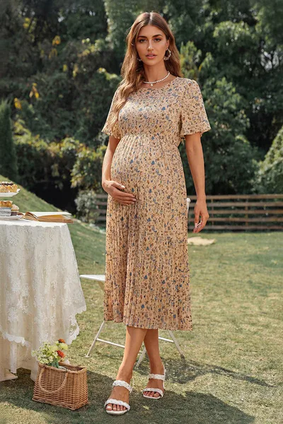 Summer Mae Summer Mae Floral Maternity Midi Dress | All-over Pleated Flutter Sleeve Bump Friendly Babymoon Dress