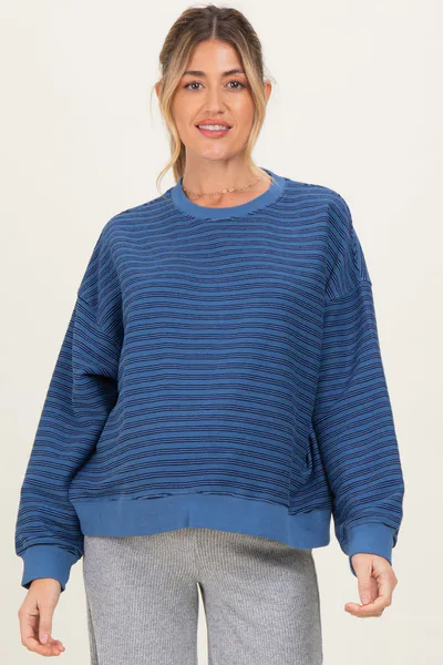 PinkBlush Blue Striped Knit Relaxed Fit Maternity Pullover