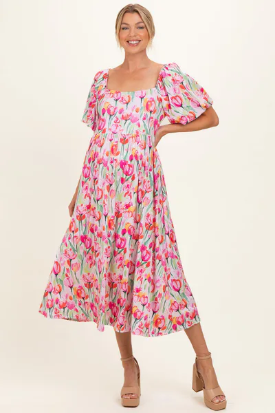 PinkBlush Pink Floral Square Neck Babydoll Maternity Maxi Dress