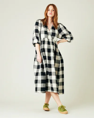 For The Creators Abbie Linen Dress - Stone Black Mega Check