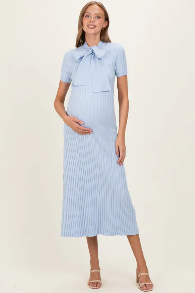 PinkBlush Sky Blue Ribbed Knit Tie Neck Maternity Midi Dress