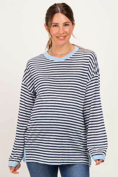 PinkBlush Navy Striped Slub Jersey Oversized Maternity Long Sleeve