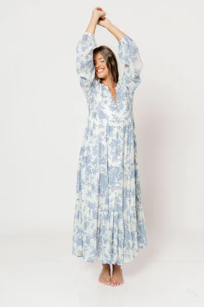 Worth Collective Anna Floral Button-Down Maxi Dress with Detachable Liner in Ivory/Blue - Bump Friendly