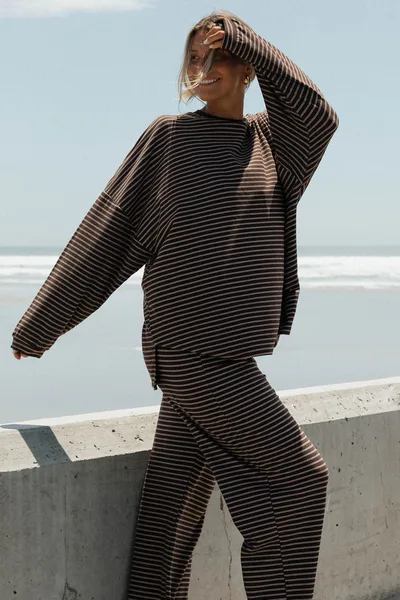 Worth Collective Naomi Striped Oversized Fleece Long Sleeve Top in Brown/Ivory  - Bump Friendly