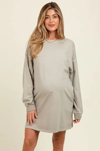 PinkBlush Beige Oversized Long Sleeve Maternity T-Shirt Dress