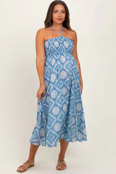 PinkBlush Blue Printed Smocked Halter Maternity Midi Dress