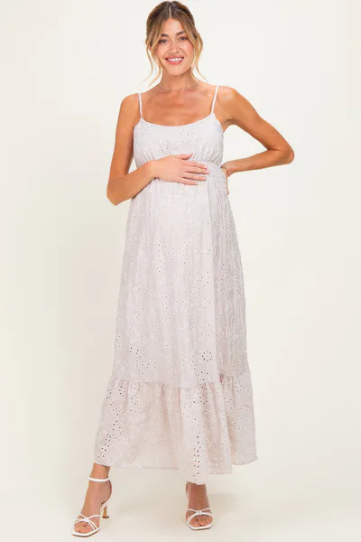 PinkBlush Beige Eyelet Lace Sleeveless Ruffle Hem Maternity Maxi Dress