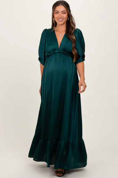PinkBlush Forest Green Striped Ruffle Accent Maternity Maxi Dress