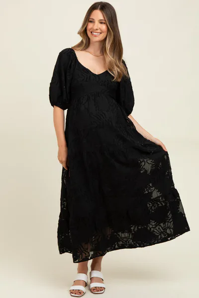 PinkBlush Black Leaf Textured Tiered Midi Maternity Dress