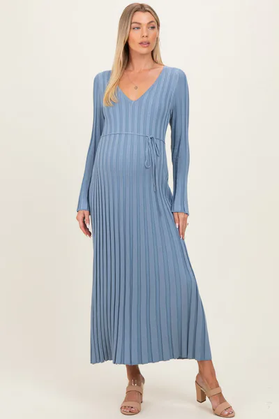 PinkBlush Light Blue Ribbed Maternity Knit Maxi Dress