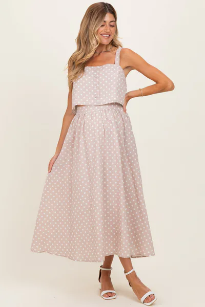PinkBlush Mauve Polka Dot Crop Tank Midi Skirt Maternity Set