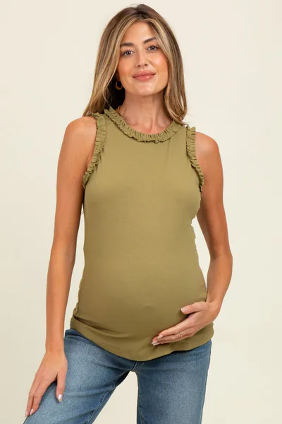 PinkBlush Light Olive Rib Knit Ruffle Trim Sleeveless Maternity Top