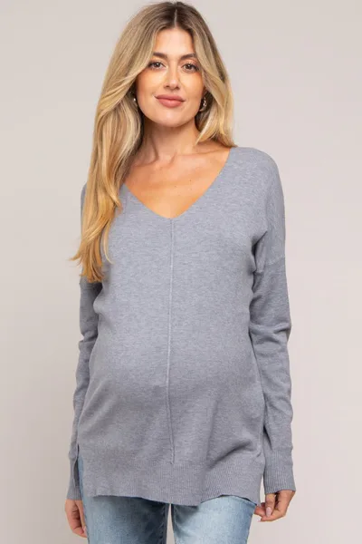 PinkBlush Heather Grey Long Sleeve Side Slit Maternity Sweater