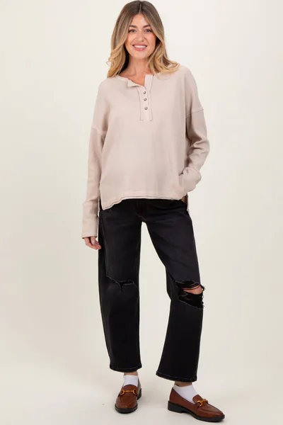 PinkBlush Black Distressed Open Knee Cropped Maternity Barrel Jeans