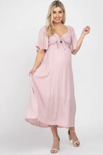 PinkBlush Light Pink Front Tie Ruffle Sleeve Maternity Midi Dress