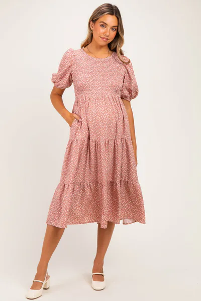 PinkBlush Coral Rose Floral Puff Sleeve Tiered Maternity Midi Dress