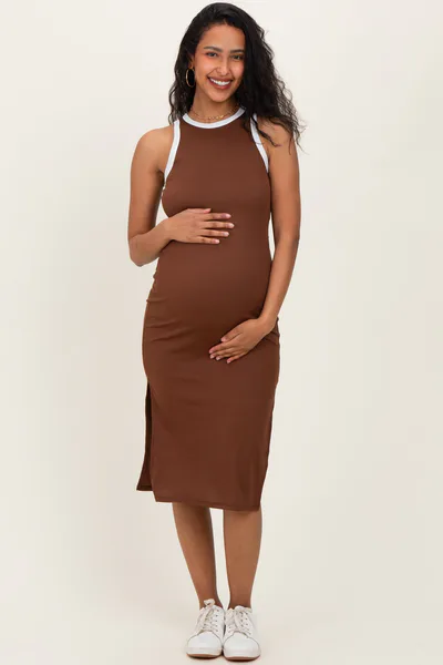 PinkBlush Brown/Soft White High Neck Ribbed Sleeveless Maternity Midi Dress