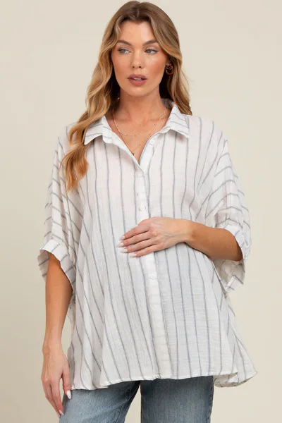 PinkBlush Ivory Striped Collared Oversized Maternity Top