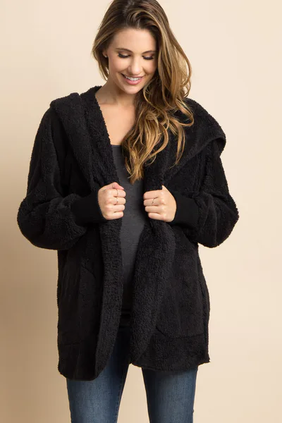 PinkBlush Black Fuzzy Hooded Long Sleeve Maternity Jacket