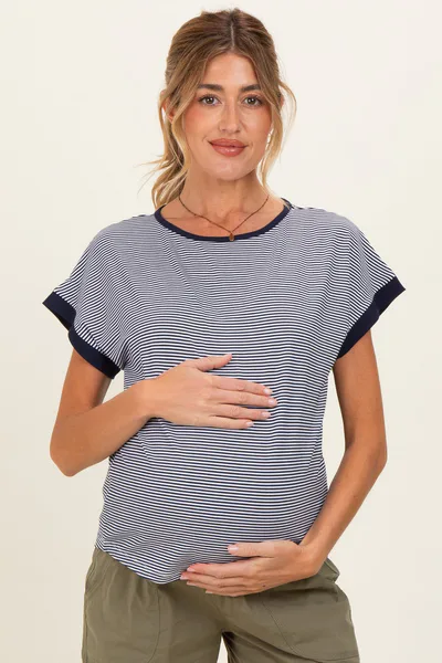 PinkBlush Navy Pinstripe Contrast Trim Maternity Top