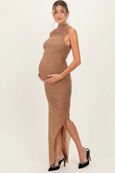 PinkBlush Mocha Mesh Ruched One Sleeve Maternity Maxi Dress