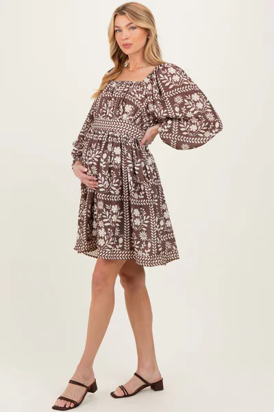 PinkBlush Brown Floral Square Neck Bubble Sleeve Maternity Dress