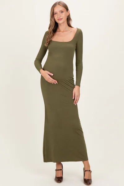 PinkBlush Olive Square Neck Long Sleeve Maternity Maxi Dress