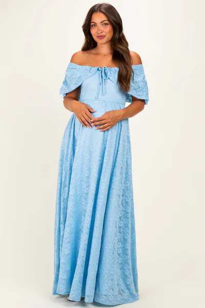 PinkBlush Light Blue Lace Maternity Maxi Dress