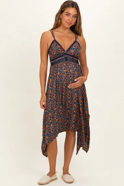 PinkBlush Navy Floral V-Neck Lace Trim Handkerchief Hem Maternity Dress