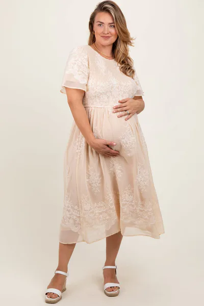 PinkBlush Cream Embroidered Smocked Maternity Plus Midi Dress