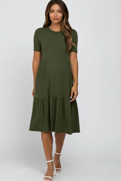 PinkBlush Olive Ribbed Tiered Maternity Dress