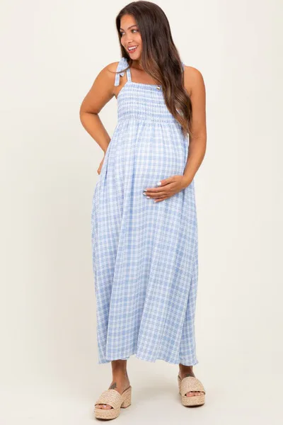 PinkBlush Blue Plaid Smocked Shoulder Tie Maternity Maxi Dress