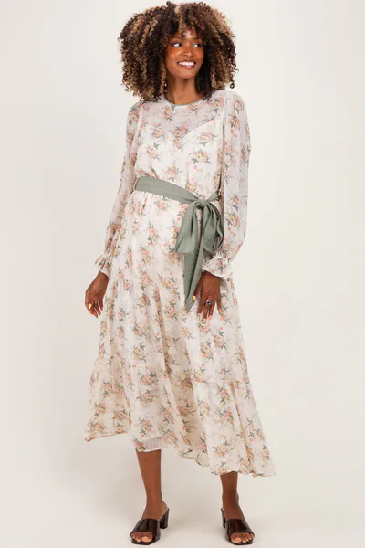 PinkBlush Cloud Floral Sash Tiered Maternity Maxi Dress