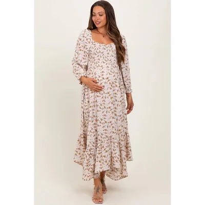 Target Pinkblush Ivory Floral Smocked Handkerchief Hem Maternity Maxi Dress Small