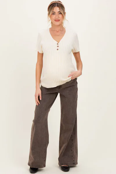 PinkBlush Brown Vintage Wash Maternity Wide Leg Jeans