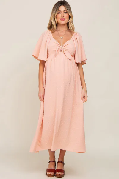 PinkBlush Peach Textured Dot Front Tie Ruffle Sleeve Maternity Midi Dress