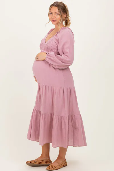 PinkBlush Dusty Rose Smocked Long Sleeve Maternity Midi Dress