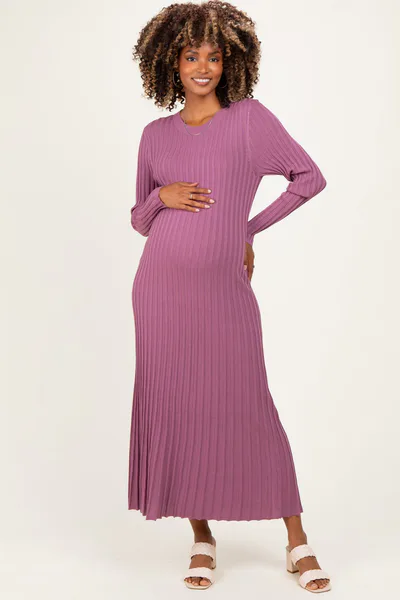 PinkBlush Mauve Ribbed Long Sleeve Maternity Sweater Midi Dress