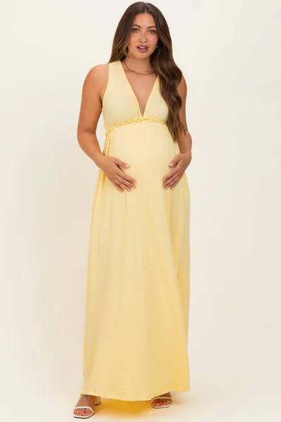 PinkBlush Yellow Sleeveless Deep V-Neck Maternity Maxi Dress
