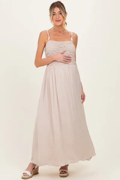 PinkBlush Beige Textured Smocked Maternity Maxi Dress