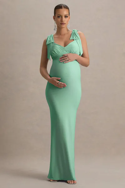 Club L London Sheen | Light Green Sweetheart Bow Strap Maternity Maxi Dress