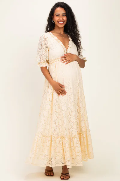 PinkBlush Ivory Floral Lace V-Neck Maternity Maxi Dress